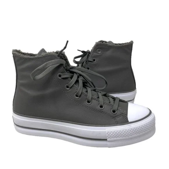Converse Chuck Taylor Lift Platform Shoes Gray Leather Sherpa Women Size A05511C Shoes